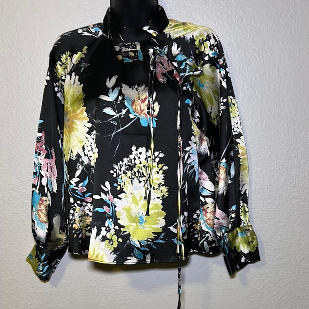 Zara Black Floral Blouse with Yellow and Blue Accents